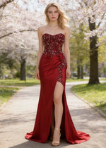 Thora Burgundy Strapless Mermaid Prom Dress | Sequin Corset Pleated Cocktail Dress with Slit - Burgundy - PromDressClub