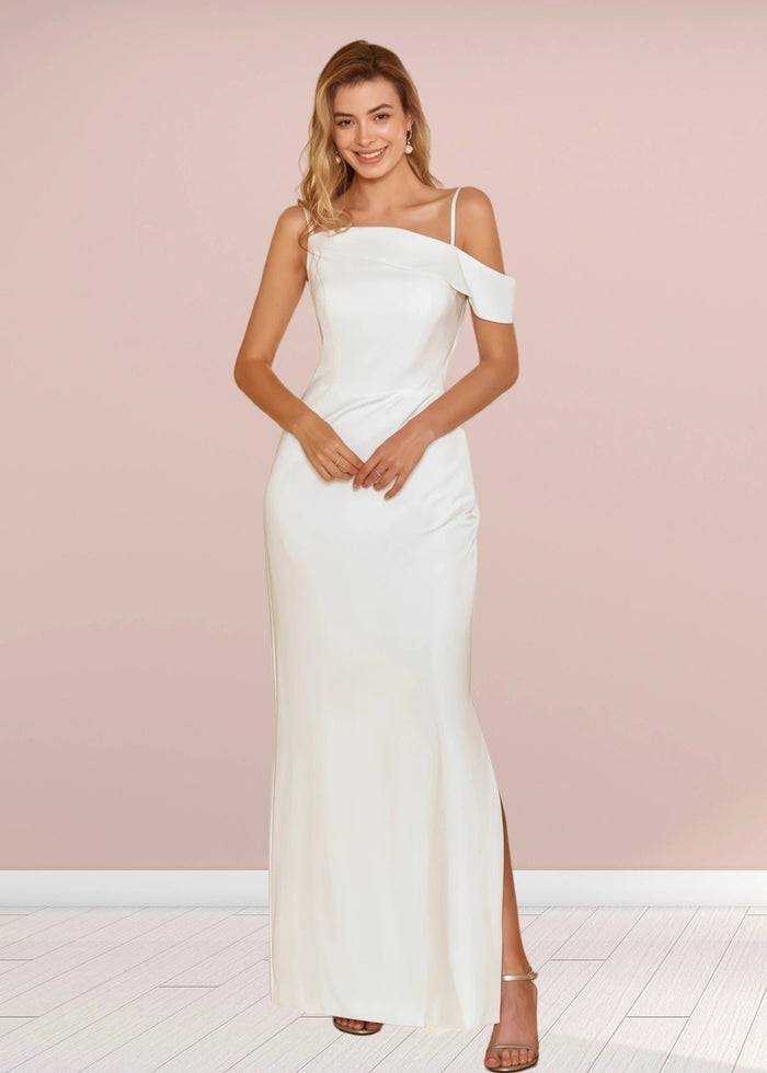 Tracy | Sheath Column Asymmetric White Satin Long Bridesmaid Dress - Price #price_variant_lowest# - White - PromDressClub