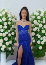 Edwina | Royal Blue Prom Dresses Long Mermaid Strapless Lace Corset with Slit - Royal Blue - PromDressClub