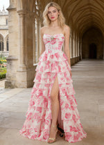 Una Rhinestones Pink Floral Ruffle Prom Dress | A - Line Strapless Corset Sweetheart Neckline Formal Dress with Slit - Pink Floral - PromDressClub