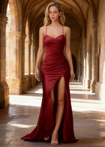 Wren Pleated Burgundy Prom Dress with Slit | Column Spaghetti Strap V - Neck Satin Gown - Burgundy - PromDressClub