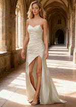 Wren Pleated White Prom Dress with Slit | Column Spaghetti Strap V - Neck Satin Gown - White - PromDressClub