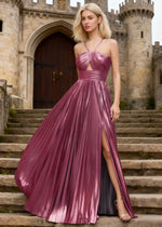 Xanthe Metallic Fuchsia Prom Dress | A-Line Strappy Cutout Pleated Cocktail Dress with Slit