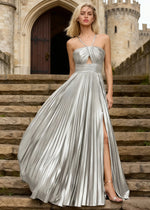Xanthe Metallic Silver Prom Dress | A-Line Strappy Cutout Pleated Cocktail Dress with Slit