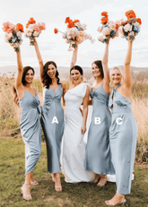 Yetta | Fashion Pleated Grey Blue Halter Satin Long Bridesmaid Dresses with Slit A Line - Price #price_variant_lowest# - Grey Blue - PromDressClub