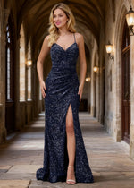 Zara Navy Blue Velvet Sequins Prom Dress | Sheath Fitted Spaghetti Straps V - Neck Backless Pleated Dress with Slit - US0 - PromDressClub