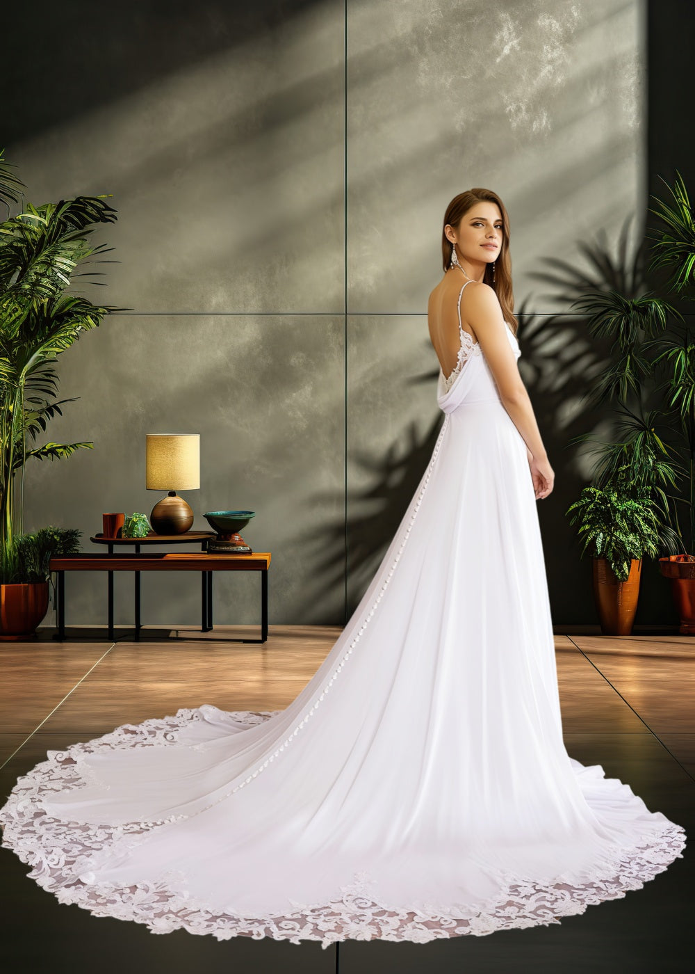 Kelly | A Line/Princess Sleeveless Spaghetti Strap Chiffon Wedding Dress with Lace Chapel Train