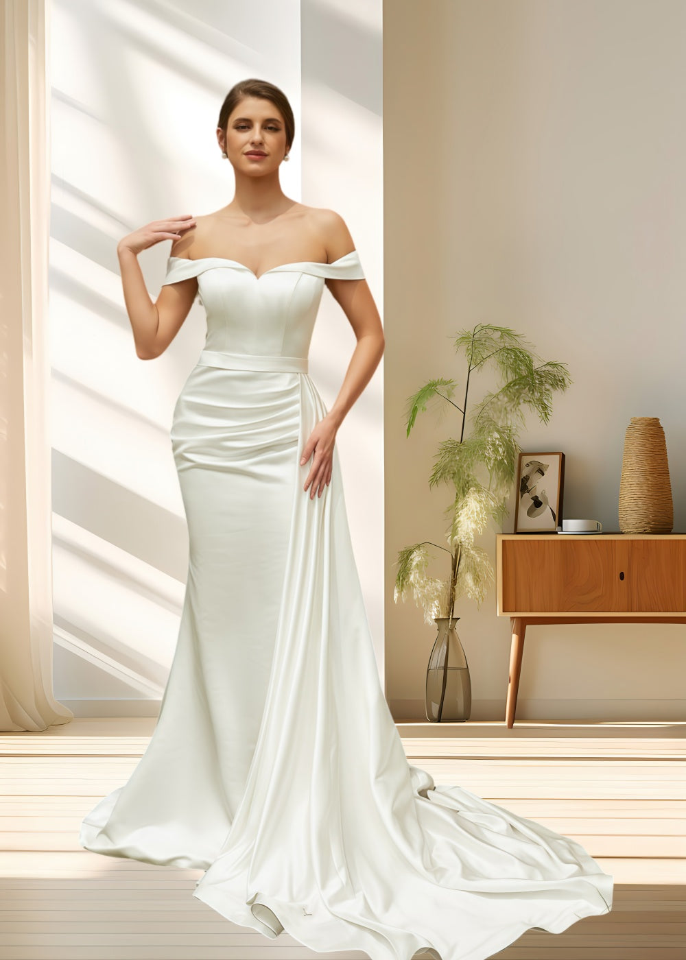 Laura | Elegant Off the Shoulder Mermaid Satin Ruched Wedding Dress with Train