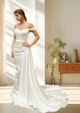 Laura | Elegant Off the Shoulder Mermaid Satin Ruched Wedding Dress with Train