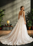 Lauren | Elegant A Line/Princess Square Neck Lace and Tulle Wedding Dress with Long Train