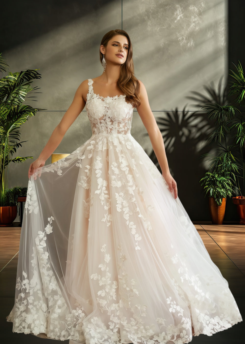 Lauren | Elegant A Line/Princess Square Neck Lace and Tulle Wedding Dress with Long Train