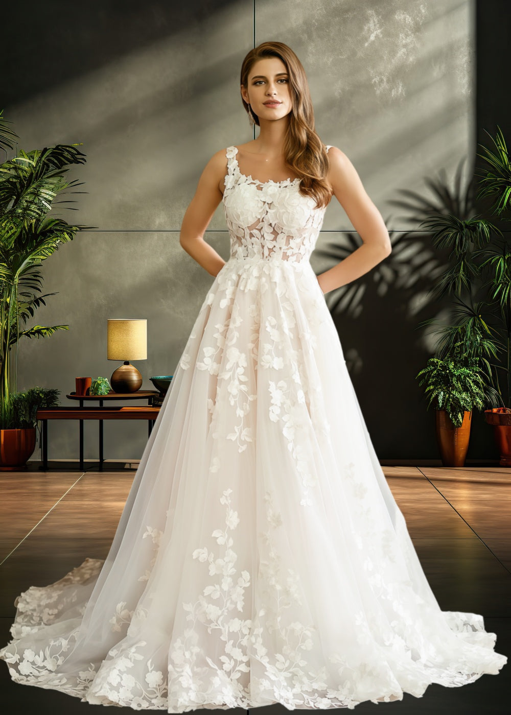 Lauren | Elegant A Line/Princess Square Neck Lace and Tulle Wedding Dress with Long Train