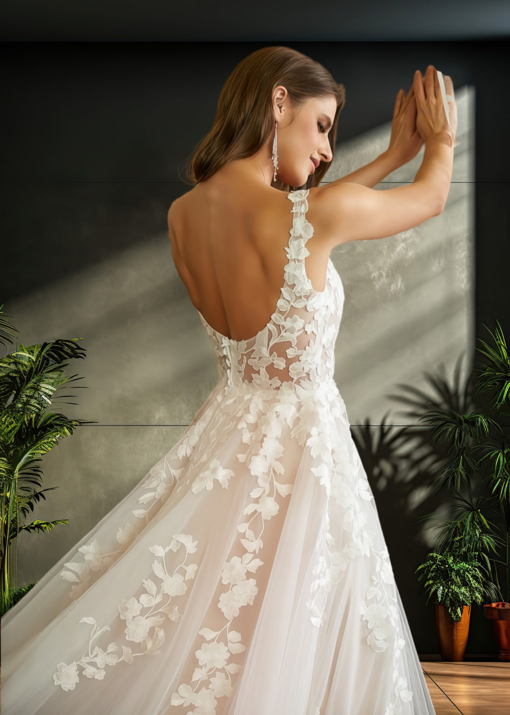 Lauren | Elegant A Line/Princess Square Neck Lace and Tulle Wedding Dress with Long Train