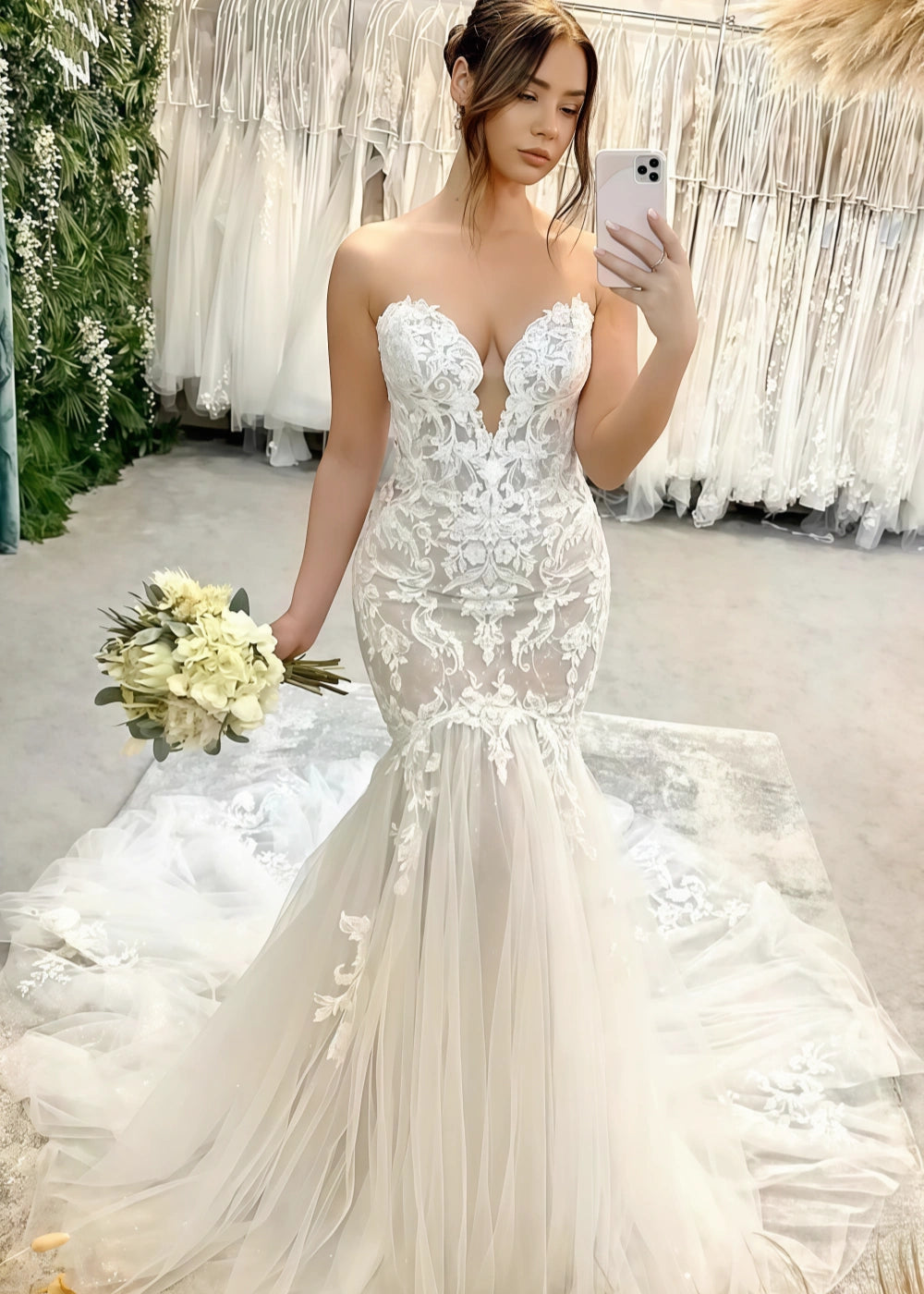 Lynn | Stunning Strapless Mermaid Lace Wedding Dress with Long Train - Perfect for Any Wedding!