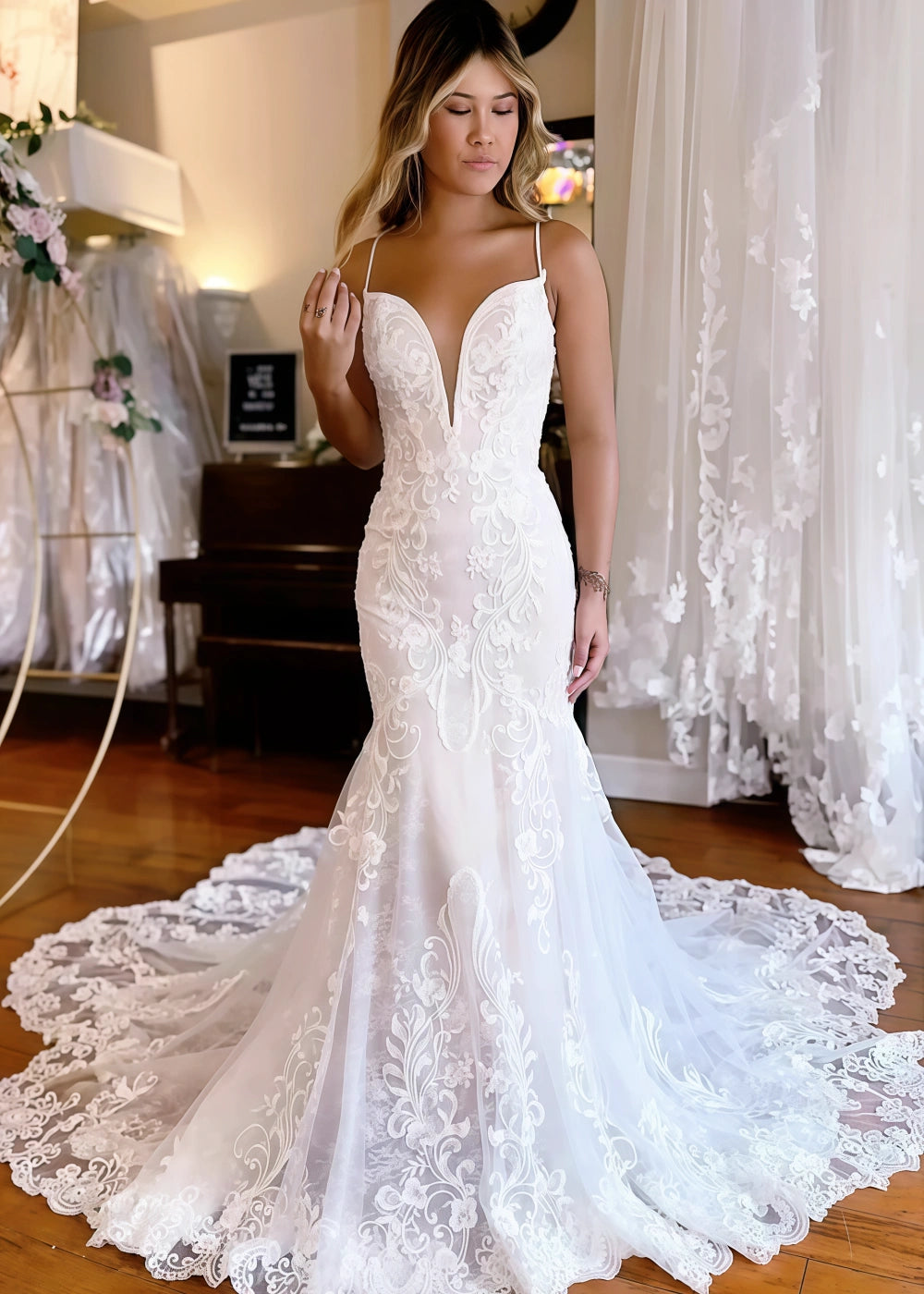 Madeline | Stunning Mermaid Spaghetti Strap V Neck Lace Wedding Dress with Long Train