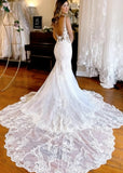 Madeline | Stunning Mermaid Spaghetti Strap V Neck Lace Wedding Dress with Long Train