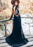 Maggie | Modest Black Tie Long Sleeve High Neck Backless Wedding Dress with Slit