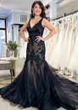 Mandy | Gothic Black Mermaid V Neck Lace Wedding Dress with Long Train