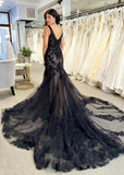 Mandy | Gothic Black Mermaid V Neck Lace Wedding Dress with Long Train