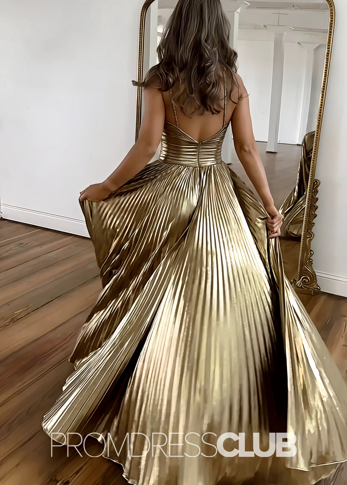Pearl |Long Sparkly Green Metallic Prom Dresses Websites With A Line Halter Neck Pleated Keyhole Slit - Price #price_variant_lowest# - Gold - PromDressClub