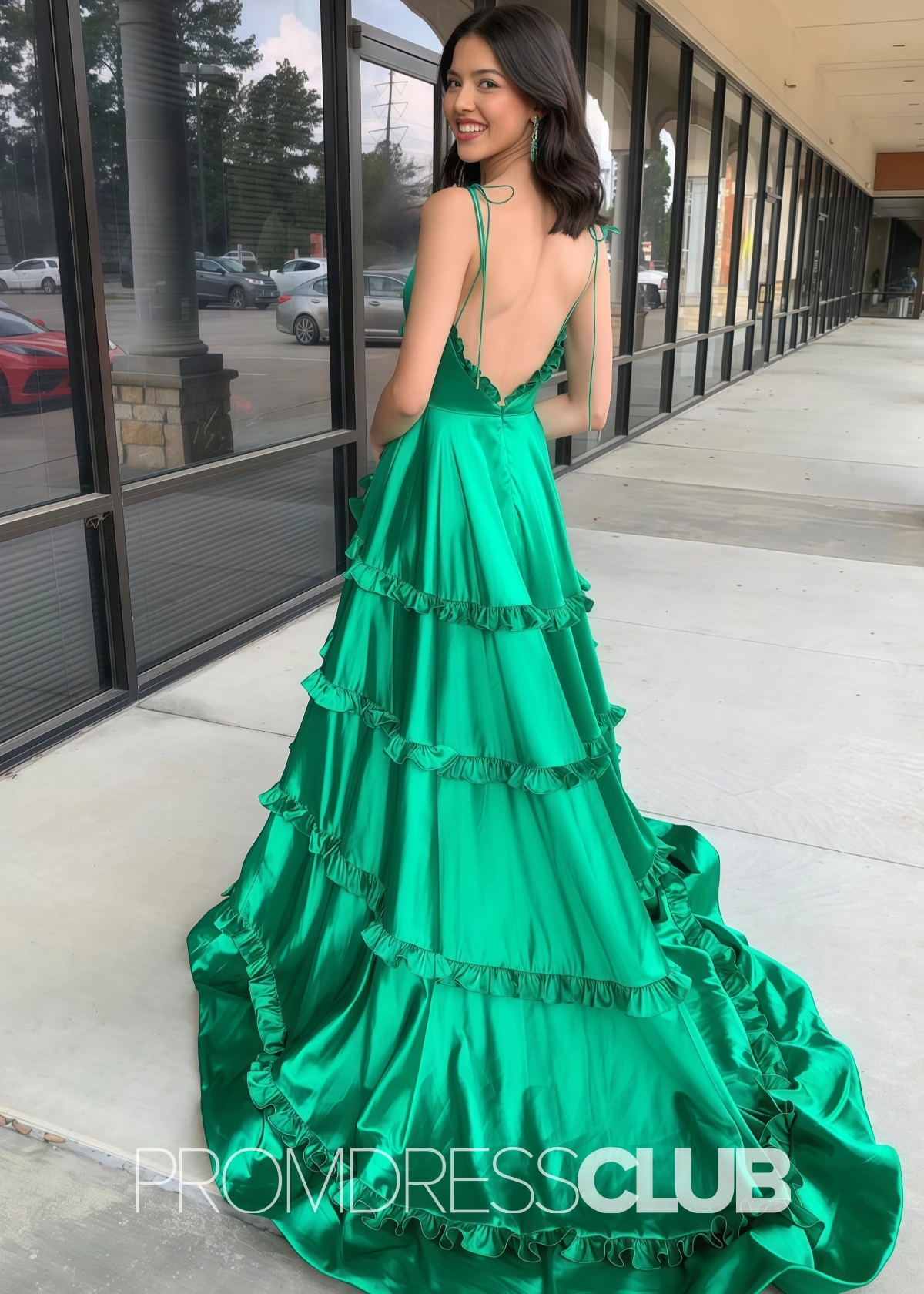 Emma |A-Line Long Green Prom Dresses V-Neck Satin Tiered Corset with Slit