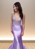 Caroline | Mermaid Lavender Satin Beaded Pleated Formal Dress