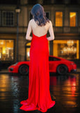 Eleanor | Stunning Red Satin Halter Neck Backless Formal Dress with Slit – Elevate Your Formal Event Style