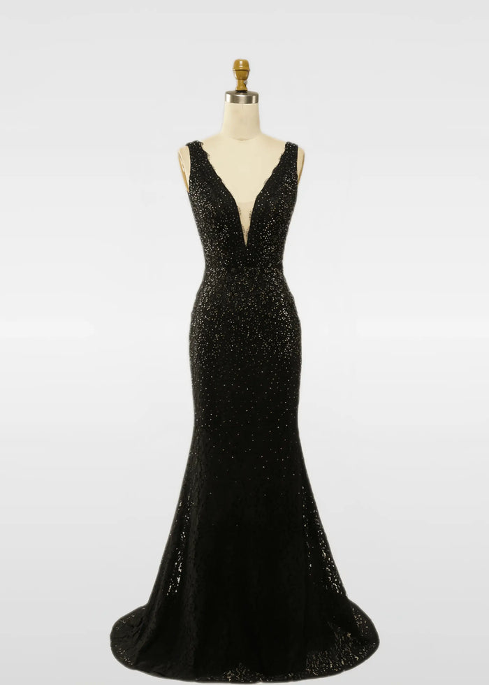 Evangeline | Glitter Black Lace Mermaid V Neck Prom Dress Sequin with Rhinestone - Black - PromDressClub