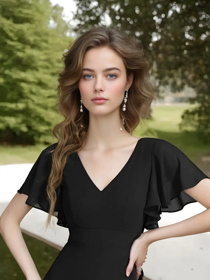 Theresa | Champagne and Royal Blue Plus Size A Line ruffle Prom Dress with Slit - Rose Gold - PromDressClub