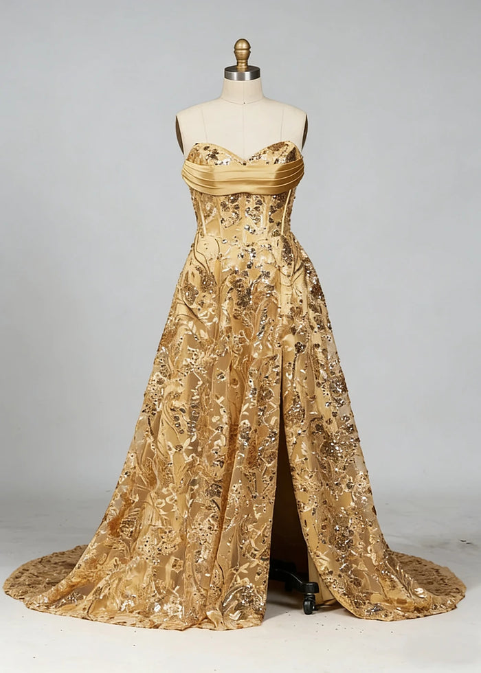 Dara Glitter Gold Strapless Prom Dress | A - Line Sweetheart Neckline Sequin Cocktail Dress with Slit - Gold - PromDressClub