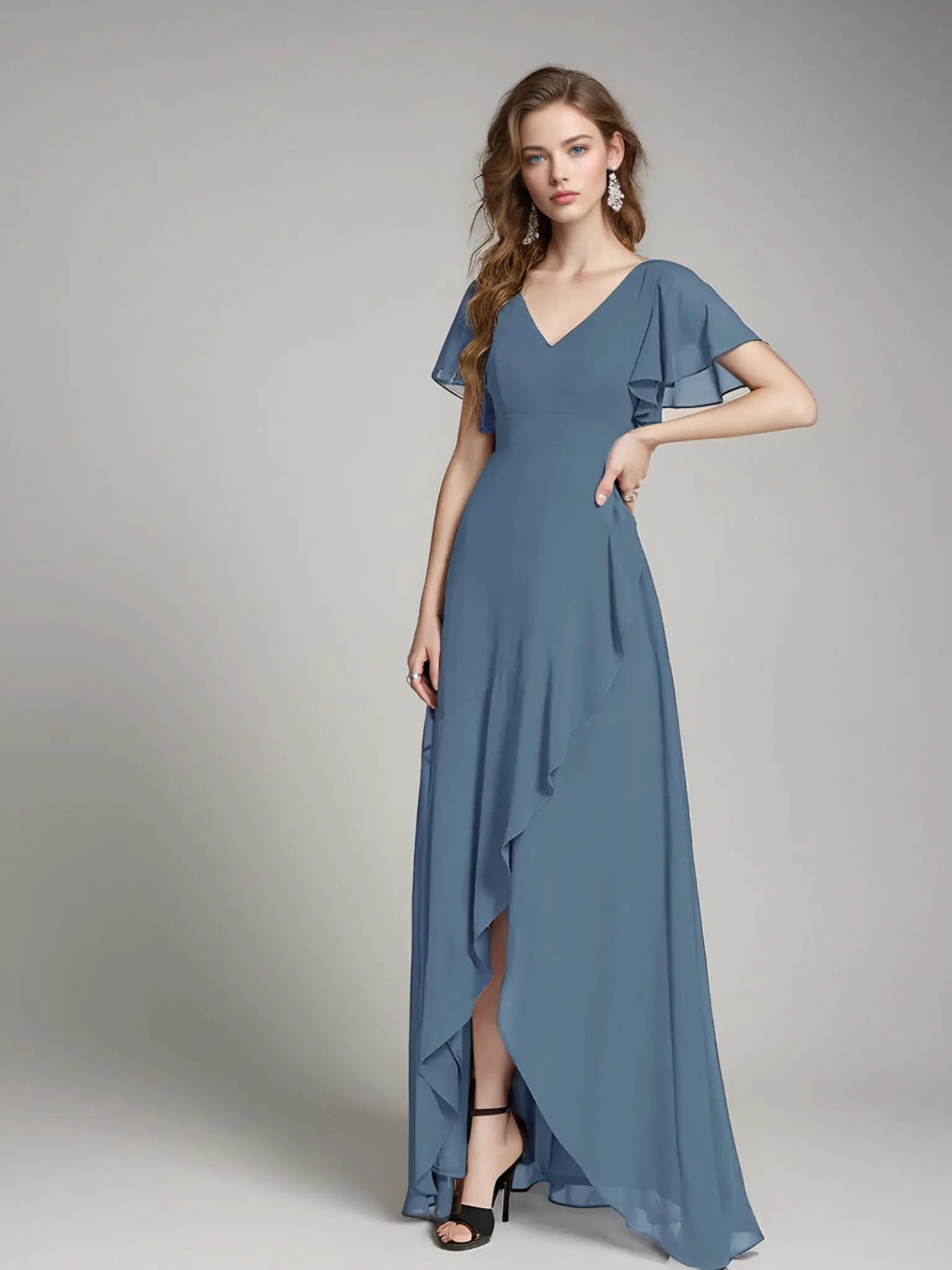 Theresa |A - Line V - Neck Floor - Length Chiffon Long Evening Dress With Cascading Ruffles - Dusty Navy - US0 - PromDressClub