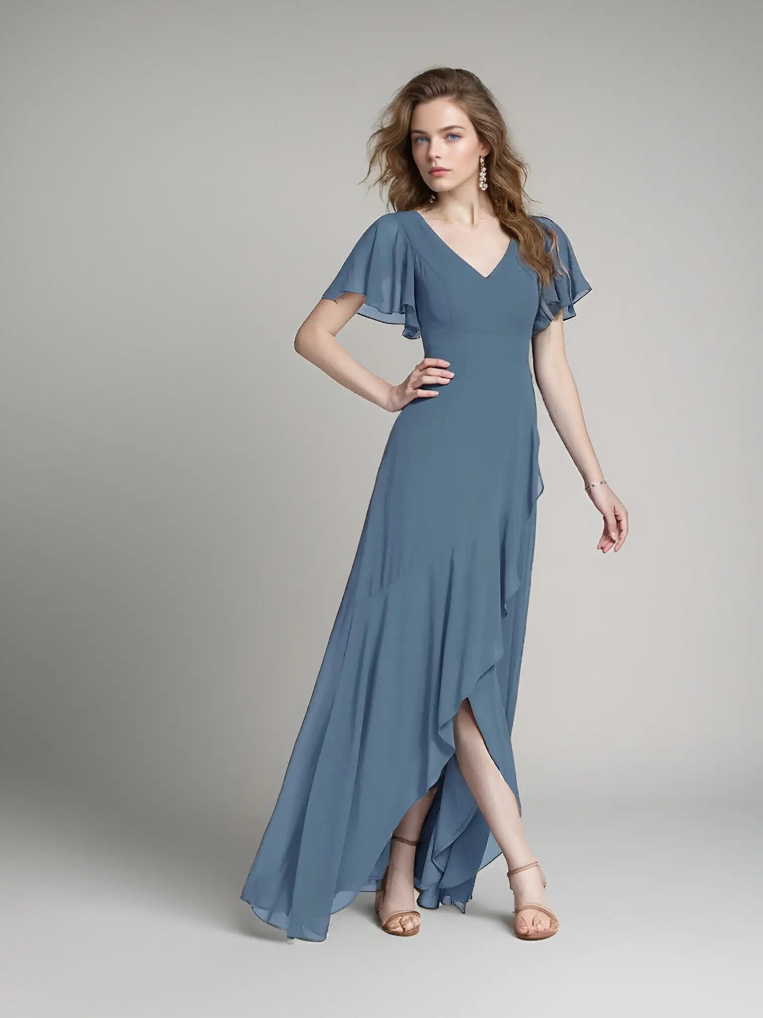 Theresa |A - Line V - Neck Floor - Length Chiffon Long Evening Dress With Cascading Ruffles - Dusty Navy - US0 - PromDressClub