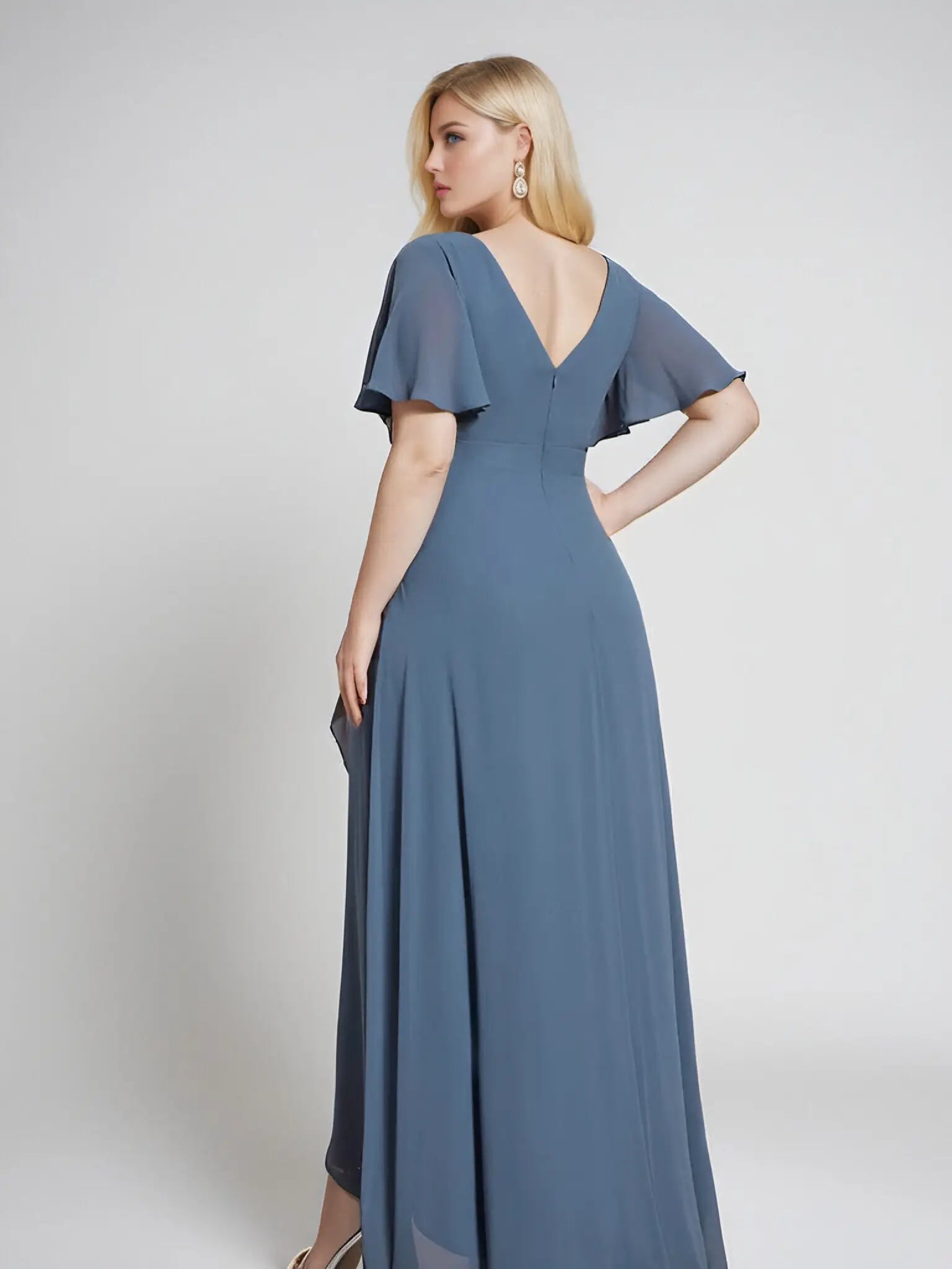 Theresa |A - Line V - Neck Floor - Length Chiffon Long Evening Dress With Cascading Ruffles - Dusty Navy - US0 - PromDressClub