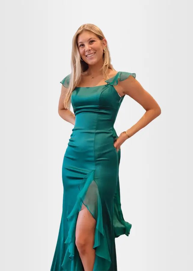 Kimberley | Emerald Green Prom Dress Long Mermaid Square Neck Ruffle Satin with Slit - Emerald Green - PromDressClub