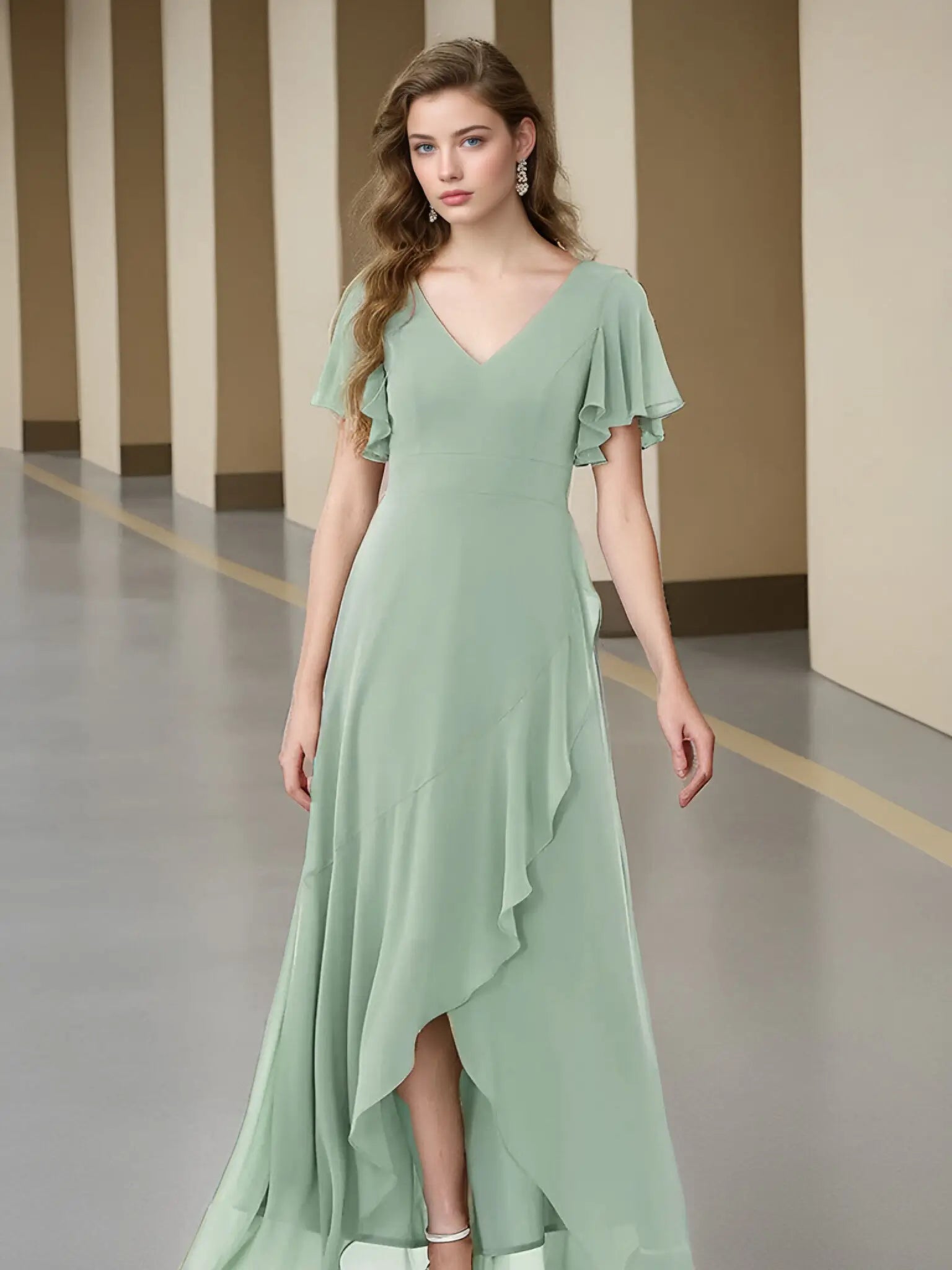 Theresa |A - Line V - Neck Floor - Length Chiffon Long Evening Dress With Cascading Ruffles - Mint Green - US0 - PromDressClub