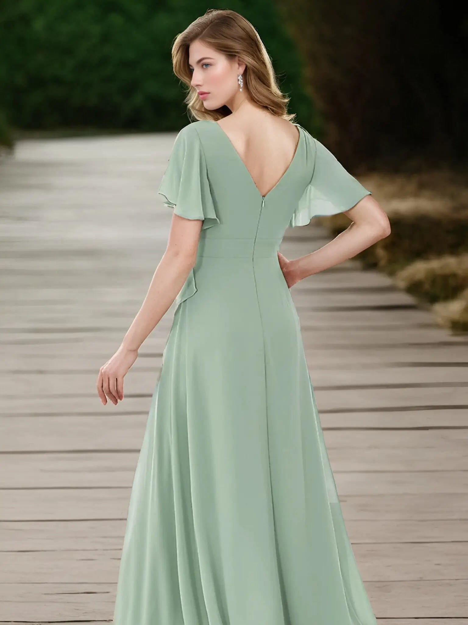 Theresa |A - Line V - Neck Floor - Length Chiffon Long Evening Dress With Cascading Ruffles - Mint Green - US0 - PromDressClub