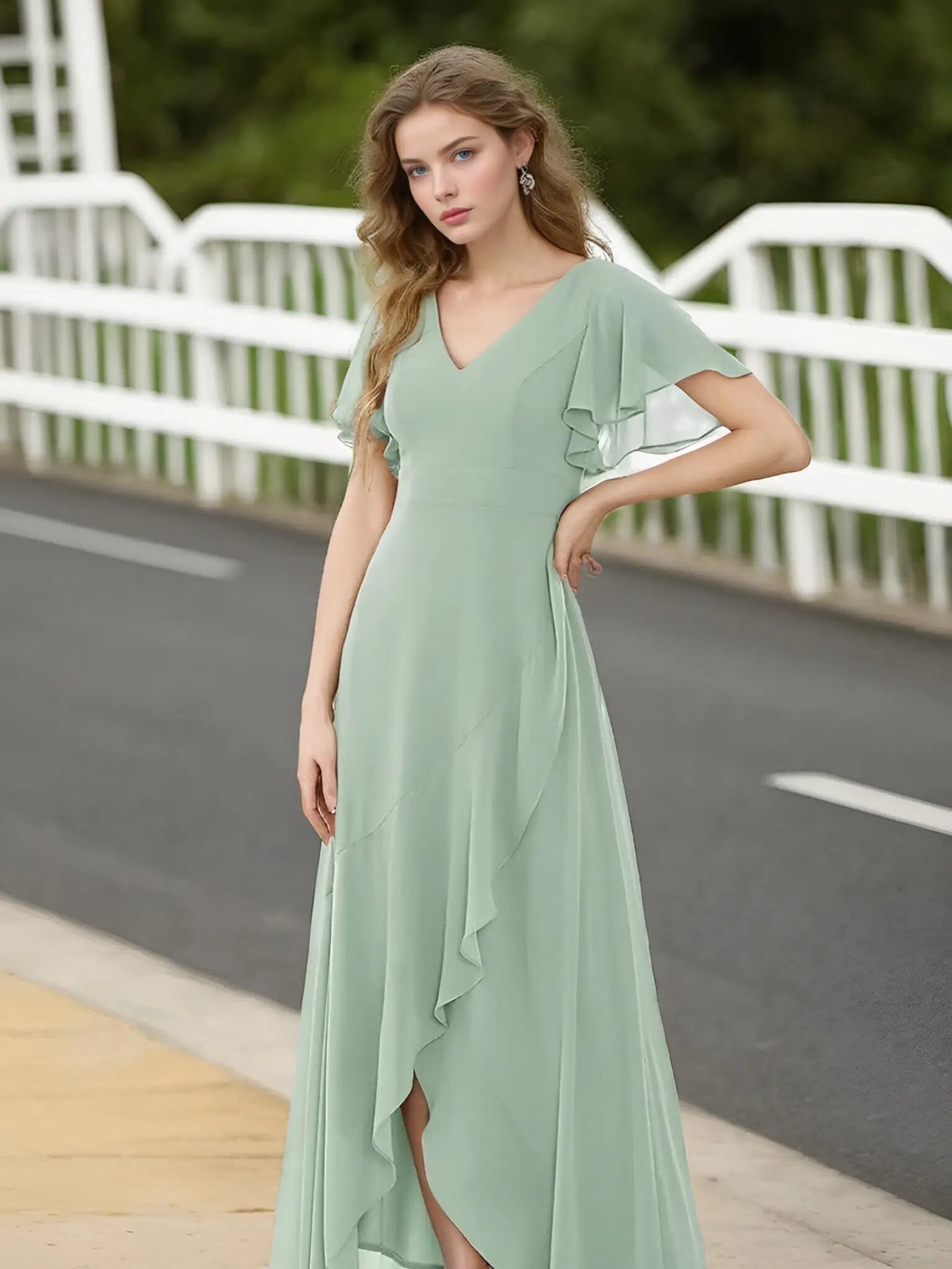 Theresa |A - Line V - Neck Floor - Length Chiffon Long Evening Dress With Cascading Ruffles - Mint Green - US0 - PromDressClub