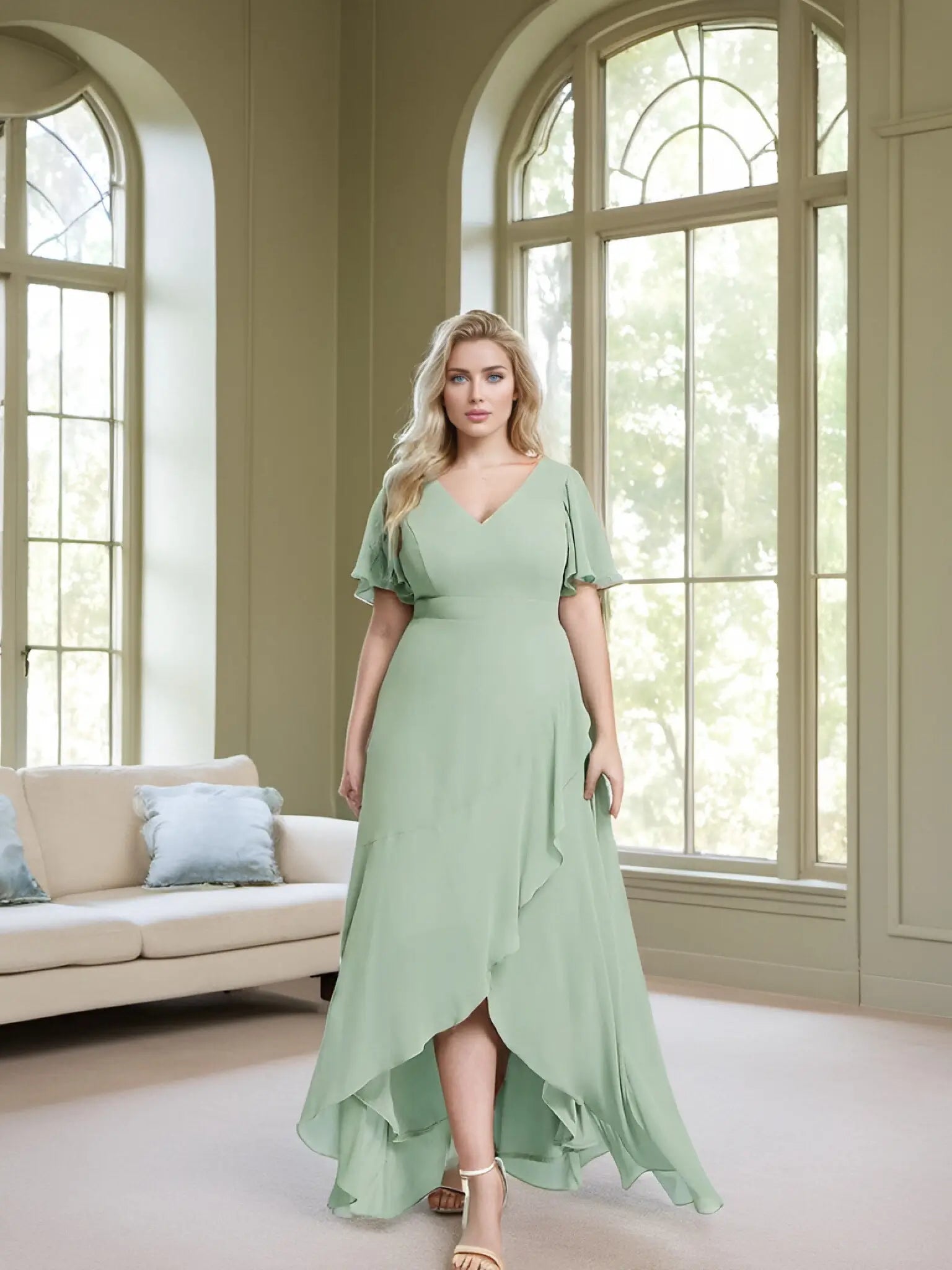 Theresa |A - Line V - Neck Floor - Length Chiffon Long Evening Dress With Cascading Ruffles - Mint Green - US0 - PromDressClub