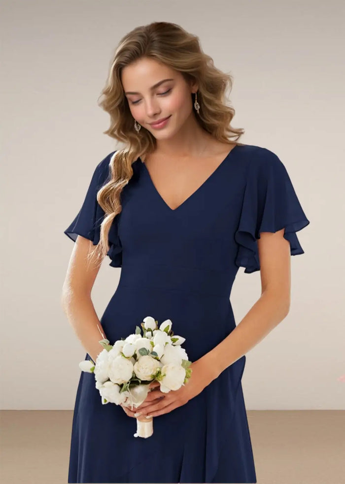 Theresa | Champagne and Royal Blue Plus Size A Line ruffle Prom Dress with Slit - Navy Blue - PromDressClub