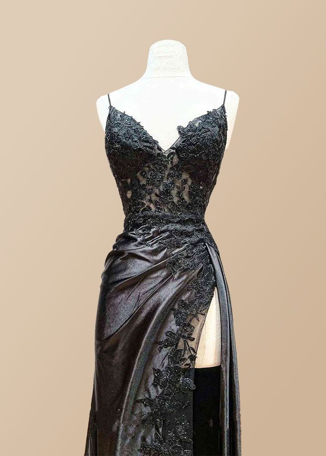 Kristin | Black Prom Dresses Long Mermaid V Neck Lace with High Slit - Black - PromDressClub