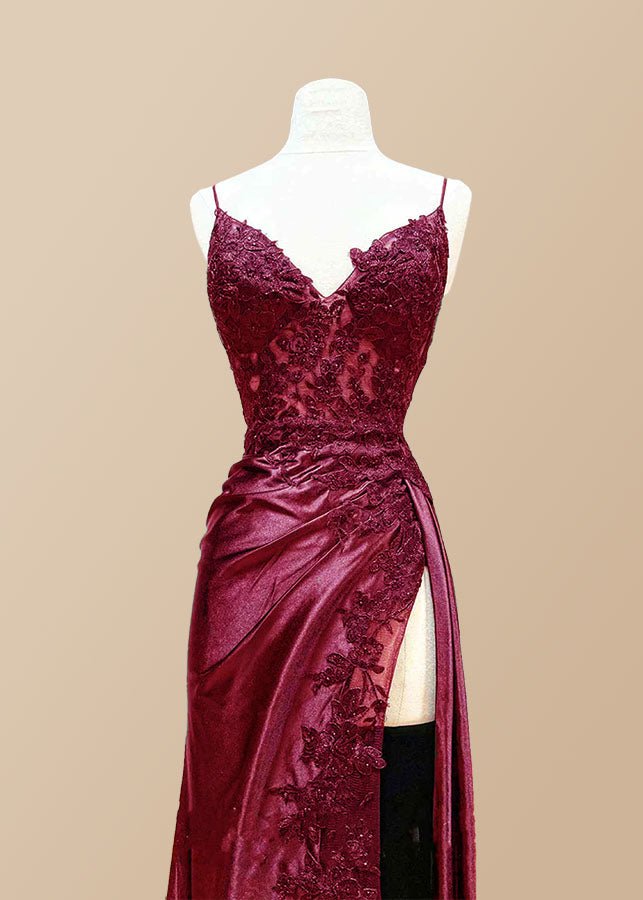 Kristin | Black Prom Dresses Long Mermaid V Neck Lace with High Slit - Burgundy - PromDressClub