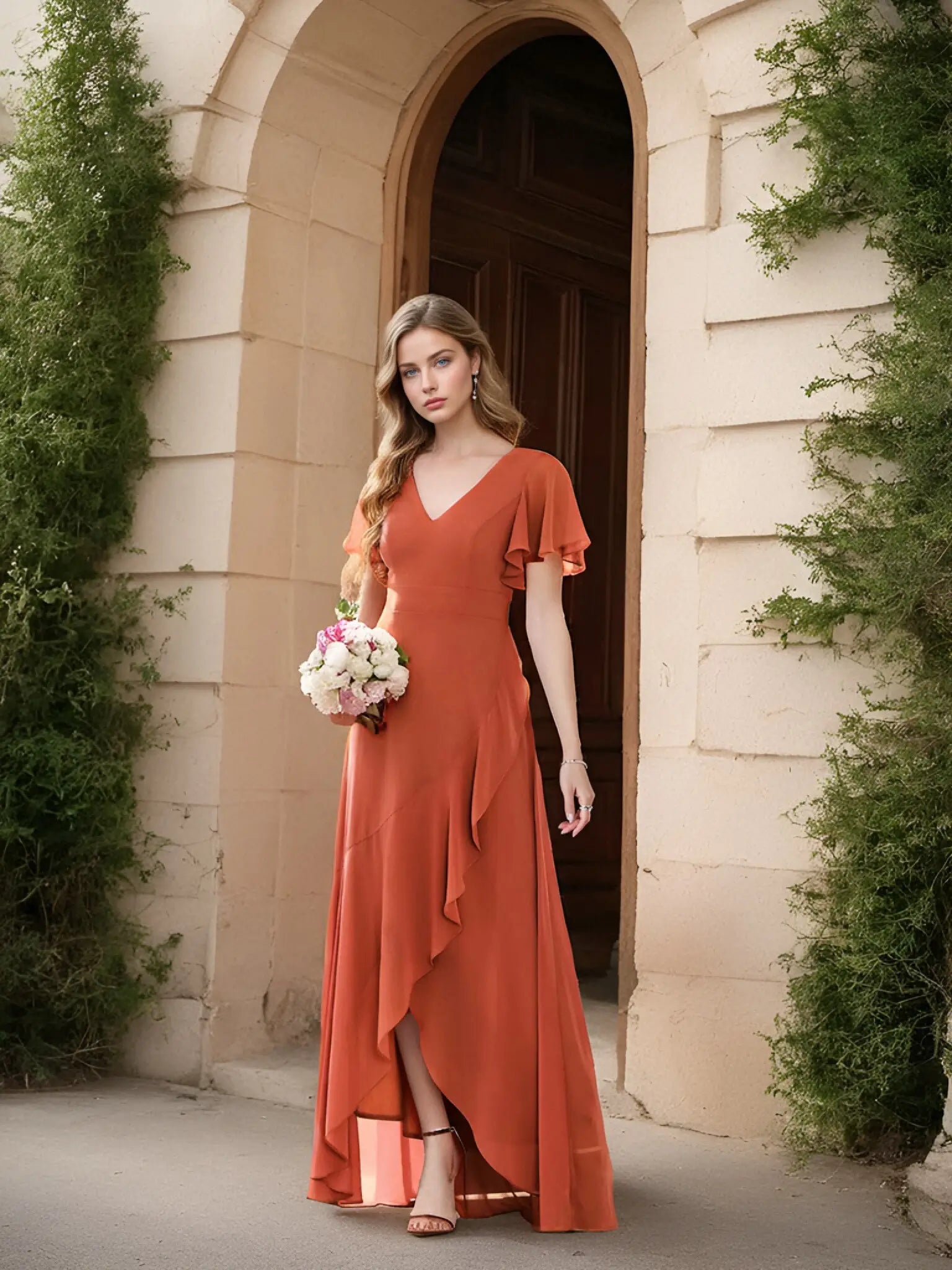 Theresa |A - Line V - Neck Floor - Length Chiffon Long Evening Dress With Cascading Ruffles - Orange - US0 - PromDressClub