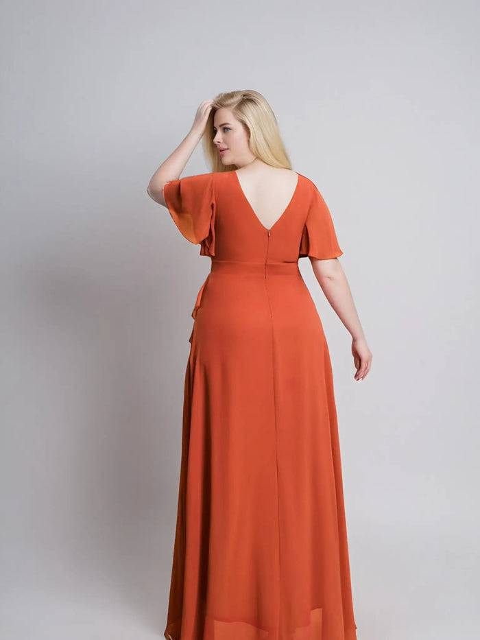 Theresa | Champagne and Royal Blue Plus Size A Line ruffle Prom Dress with Slit - Rose Gold - PromDressClub