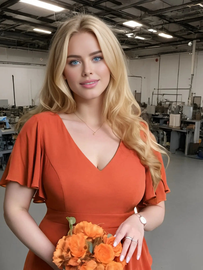 Theresa | Champagne and Royal Blue Plus Size A Line ruffle Prom Dress with Slit - Rose Gold - PromDressClub