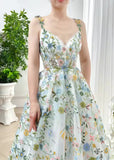 Evangeline | Elegant Ivory Floral A Line V neck Flower Prom Dress - Charming Back Design