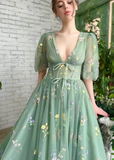 Genevieve | Elevate Your Elegance with Our Sage Green Floral Short Sleeve Corset Formal Dress – Design for Memorable Occasions