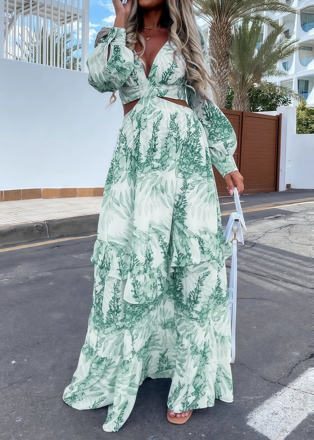 A Line Green Floral Long Sleeve V Neck Formal Dress with Ruffles - Light Green Floral - PromDressClub