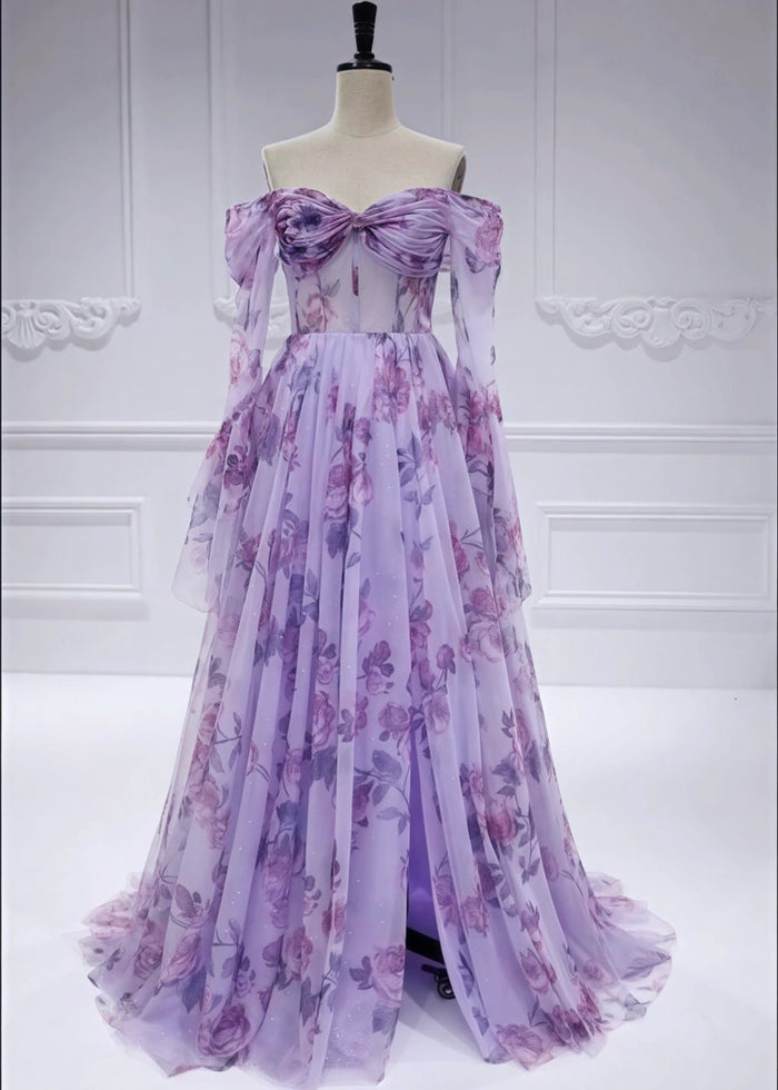 Adele | A Line Lavender Floral Off the Shoulder Formal Dress with Slit - Lavender Floral - PromDressClub