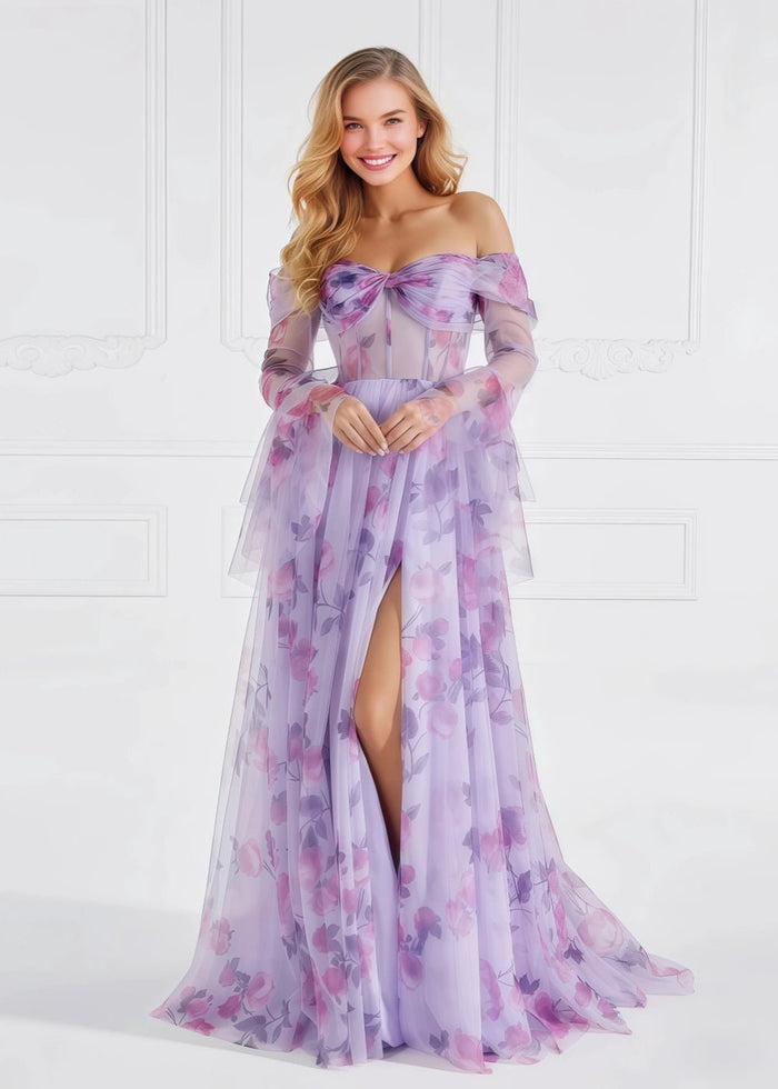 Adele | A Line Lavender Floral Off the Shoulder Formal Dress with Slit - Lavender Floral - PromDressClub