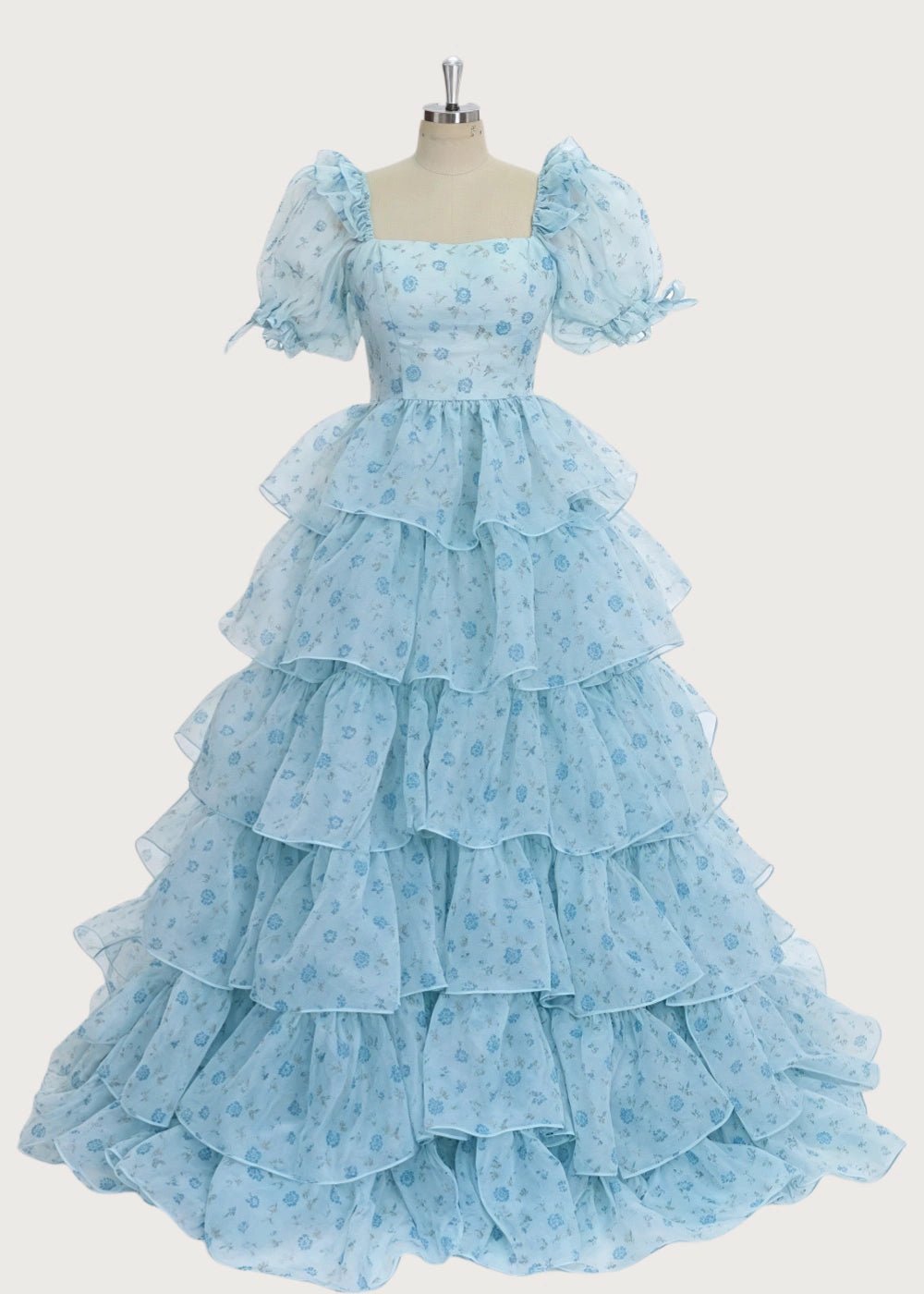 A Line Light Blue Floral Puff Sleeve Ruffle Maxi Formal Dress - Light Blue Floral - PromDressClub